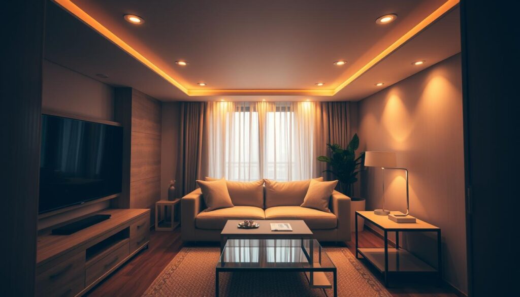 A cozy and inviting small living room, bathed in warm, soft lighting. The space features a plush, minimalist sofa and a sleek, low-profile coffee table. Recessed ceiling lights gently illuminate the room, casting a golden glow, while a pair of modern table lamps on end tables add additional task lighting. Subtle ambient light filters in through sheer curtains, creating a serene and tranquil atmosphere. The room is neatly organized, with a sense of balance and harmony, showcasing clever storage solutions to maximize the limited space. A cozy and inviting small living room, bathed in warm, soft lighting. The space features a plush, minimalist sofa and a sleek, low-profile coffee table. Recessed ceiling lights gently illuminate the room, casting a golden glow, while a pair of modern table lamps on end tables add additional task lighting. Subtle ambient light filters in through sheer curtains, creating a serene and tranquil atmosphere. The room is neatly organized, with a sense of balance and harmony, showcasing clever storage solutions to maximize the limited space.