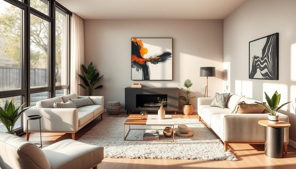 A cozy and inviting small living room featuring a focal point of modern abstract art on the wall. Warm, diffused natural lighting streams in through large windows, casting a soft glow on the carefully curated decor. Sleek, minimalist furniture in neutral tones creates a sense of balance and harmony. Accent pieces like a plush area rug, sculptural coffee table, and potted plants add layers of texture and visual interest. The overall atmosphere is one of calm, sophistication, and effortless style, inspiring creativity and relaxation. A cozy and inviting small living room featuring a focal point of modern abstract art on the wall. Warm, diffused natural lighting streams in through large windows, casting a soft glow on the carefully curated decor. Sleek, minimalist furniture in neutral tones creates a sense of balance and harmony. Accent pieces like a plush area rug, sculptural coffee table, and potted plants add layers of texture and visual interest. The overall atmosphere is one of calm, sophistication, and effortless style, inspiring creativity and relaxation.