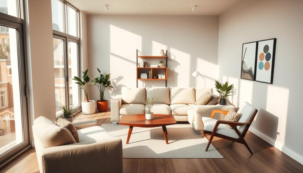 A cozy and inviting small living room with a modern, minimalist aesthetic. Sunlight streams through large windows, casting a warm glow on the space. A plush, L-shaped sofa in a neutral tone takes center stage, accented by a mid-century modern coffee table and a pair of sleek, low-profile armchairs. Strategically placed shelving and potted plants add texture and visual interest, while a neutral-toned area rug ties the room together. The overall look is clean, organized, and designed to maximize the limited square footage, creating an illusion of spaciousness. A cozy and inviting small living room with a modern, minimalist aesthetic. Sunlight streams through large windows, casting a warm glow on the space. A plush, L-shaped sofa in a neutral tone takes center stage, accented by a mid-century modern coffee table and a pair of sleek, low-profile armchairs. Strategically placed shelving and potted plants add texture and visual interest, while a neutral-toned area rug ties the room together. The overall look is clean, organized, and designed to maximize the limited square footage, creating an illusion of spaciousness.