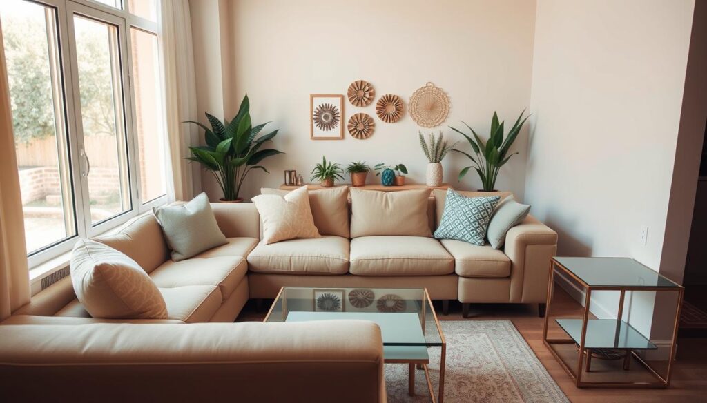 A cozy and inviting small living room with a plush, L-shaped sofa in a neutral tone. The sofa is positioned in the foreground, facing a large window that lets in warm, natural light. Decorative throw pillows in complementary colors and textures add visual interest. In the middle ground, a minimalist, glass-topped coffee table and a pair of matching end tables provide functional surfaces. The background features a few potted plants and wall decor, creating a cohesive, sophisticated atmosphere. The lighting is soft and diffused, creating a relaxing ambiance. Overall, the scene conveys a sense of comfort and practicality, perfect for a small living space. A cozy and inviting small living room with a plush, L-shaped sofa in a neutral tone. The sofa is positioned in the foreground, facing a large window that lets in warm, natural light. Decorative throw pillows in complementary colors and textures add visual interest. In the middle ground, a minimalist, glass-topped coffee table and a pair of matching end tables provide functional surfaces. The background features a few potted plants and wall decor, creating a cohesive, sophisticated atmosphere. The lighting is soft and diffused, creating a relaxing ambiance. Overall, the scene conveys a sense of comfort and practicality, perfect for a small living space.