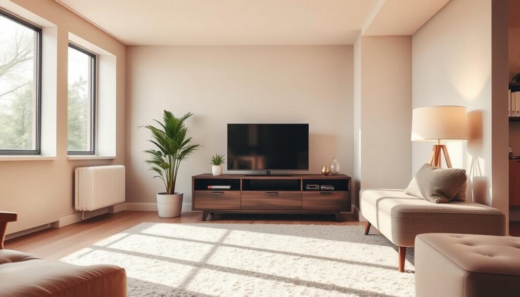 A cozy and inviting small living room with a sleek, minimalist TV stand. The room is bathed in warm, natural lighting from large windows, creating a soft, serene atmosphere. The TV stand is made of dark, polished wood, complementing the neutral-toned walls and plush, textured rug. A few carefully curated decorative pieces, such as a potted plant and a modern table lamp, add visual interest without overcrowding the space. The layout is efficient, with the TV stand serving as a functional and visually appealing focal point, seamlessly integrating technology into the tranquil, multifunctional living area. A cozy and inviting small living room with a sleek, minimalist TV stand. The room is bathed in warm, natural lighting from large windows, creating a soft, serene atmosphere. The TV stand is made of dark, polished wood, complementing the neutral-toned walls and plush, textured rug. A few carefully curated decorative pieces, such as a potted plant and a modern table lamp, add visual interest without overcrowding the space. The layout is efficient, with the TV stand serving as a functional and visually appealing focal point, seamlessly integrating technology into the tranquil, multifunctional living area.