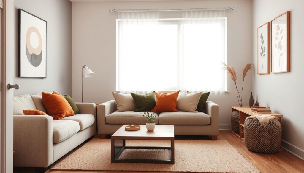 A cozy and inviting small living room with a warm, minimalist color scheme. In the foreground, a plush sofa in a soft beige tone nestled against a pale gray accent wall. Atop the sofa, colorful throw pillows in shades of terracotta and olive green add a touch of visual interest. In the middle ground, a sleek, low-profile coffee table in natural wood tones sits on a subtly patterned area rug, bringing balance to the space. The background features a large window that floods the room with soft, natural light, creating an airy and open atmosphere. Strategically placed wall decor, such as a simple abstract painting or framed botanical prints, adds visual depth and a sense of curation. The overall mood is one of calm, relaxation, and a thoughtfully designed small-space living solution. A cozy and inviting small living room with a warm, minimalist color scheme. In the foreground, a plush sofa in a soft beige tone nestled against a pale gray accent wall. Atop the sofa, colorful throw pillows in shades of terracotta and olive green add a touch of visual interest. In the middle ground, a sleek, low-profile coffee table in natural wood tones sits on a subtly patterned area rug, bringing balance to the space. The background features a large window that floods the room with soft, natural light, creating an airy and open atmosphere. Strategically placed wall decor, such as a simple abstract painting or framed botanical prints, adds visual depth and a sense of curation. The overall mood is one of calm, relaxation, and a thoughtfully designed small-space living solution.
