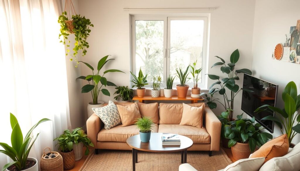 A cozy and inviting small living room with abundant indoor plants, bathed in warm natural light filtering through large windows. The foreground showcases a plush, mid-century modern sofa adorned with lush, leafy potted plants on a wooden coffee table. In the middle ground, a bookshelf filled with greenery creates a lush, verdant backdrop, complemented by a wall-mounted plant holder. The background features a neutral-toned wall accented by a framed artwork, evoking a sense of tranquility and balance. The lighting is soft and diffused, creating a serene and rejuvenating atmosphere, perfect for a moment of relaxation. A cozy and inviting small living room with abundant indoor plants, bathed in warm natural light filtering through large windows. The foreground showcases a plush, mid-century modern sofa adorned with lush, leafy potted plants on a wooden coffee table. In the middle ground, a bookshelf filled with greenery creates a lush, verdant backdrop, complemented by a wall-mounted plant holder. The background features a neutral-toned wall accented by a framed artwork, evoking a sense of tranquility and balance. The lighting is soft and diffused, creating a serene and rejuvenating atmosphere, perfect for a moment of relaxation.