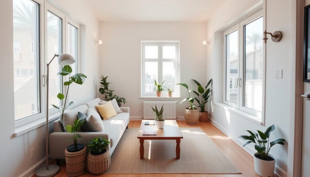 A cozy and inviting small living room with natural light streaming through large windows. The minimalist decor features a neutral-toned sofa, a wooden coffee table, and a few carefully curated potted plants adding pops of greenery. The room has a warm, calming atmosphere, with soft lighting from a floor lamp and a wall-mounted sconce. The overall vibe is one of simple, yet stylish living in a compact space, perfectly capturing the essence of "Plants and Greenery in Small Living Rooms". A cozy and inviting small living room with natural light streaming through large windows. The minimalist decor features a neutral-toned sofa, a wooden coffee table, and a few carefully curated potted plants adding pops of greenery. The room has a warm, calming atmosphere, with soft lighting from a floor lamp and a wall-mounted sconce. The overall vibe is one of simple, yet stylish living in a compact space, perfectly capturing the essence of "Plants and Greenery in Small Living Rooms".