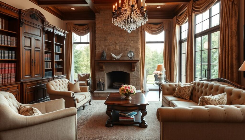 A cozy and inviting traditional living room with plush upholstered furniture, ornate wooden accents, and elegant textiles. The room is bathed in warm, diffused lighting from a large, crystal chandelier, casting a soft glow over the space. In the foreground, a pair of tufted armchairs and a deep, button-tufted sofa create a harmonious seating arrangement, complemented by a hand-woven area rug and a polished, antique-style coffee table. The middle ground features a grand, stone fireplace with an intricate mantelpiece, flanked by built-in bookshelves filled with leather-bound volumes. The background showcases tall windows with flowing, damask curtains, offering a view of a lush, garden-like outdoor scene.