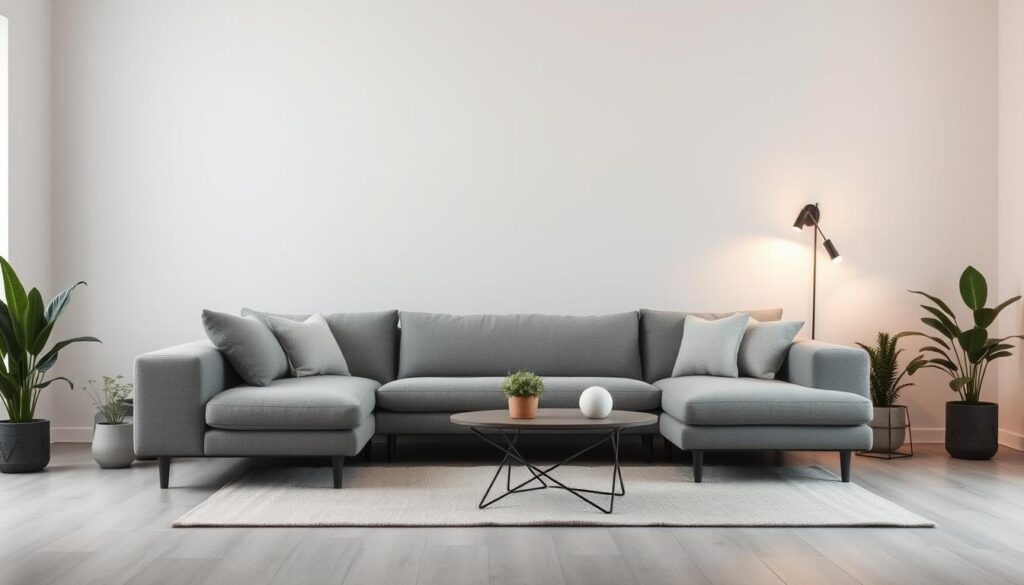 A cozy and minimalist living room with a contemporary gray sectional sofa taking center stage. The sectional features clean lines, plush cushions, and a low-profile design that maximizes the available space. Soft, diffused lighting from a pair of modern sconces casts a warm glow, creating a serene and inviting atmosphere. The floor is covered in a neutral-toned area rug, complementing the gray tones of the sectional. Framing the scene, the walls are painted in a soothing shade of light gray, adding to the calming ambiance. Potted plants and a simple, geometric coffee table complete the minimalist, yet stylish look, making this an ideal solution for small living rooms. A cozy and minimalist living room with a contemporary gray sectional sofa taking center stage. The sectional features clean lines, plush cushions, and a low-profile design that maximizes the available space. Soft, diffused lighting from a pair of modern sconces casts a warm glow, creating a serene and inviting atmosphere. The floor is covered in a neutral-toned area rug, complementing the gray tones of the sectional. Framing the scene, the walls are painted in a soothing shade of light gray, adding to the calming ambiance. Potted plants and a simple, geometric coffee table complete the minimalist, yet stylish look, making this an ideal solution for small living rooms.