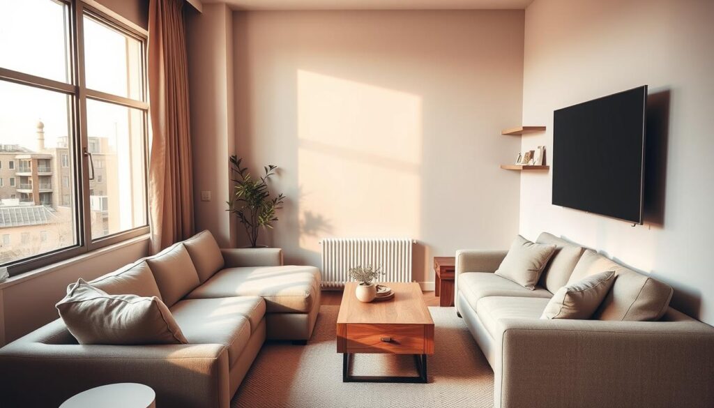 A cozy and minimalist small living room layout with a sleek, flat-screen TV mounted on the wall. The room is bathed in warm, natural lighting from a large window, casting a soft glow across the neutral-toned furniture and decor. A plush, L-shaped sofa takes up one corner, accompanied by a low, wooden coffee table. Subtle, decorative shelves line the walls, displaying a few carefully curated trinkets. The overall atmosphere is one of calm, understated elegance, perfectly suited for relaxation and intimate gatherings. A cozy and minimalist small living room layout with a sleek, flat-screen TV mounted on the wall. The room is bathed in warm, natural lighting from a large window, casting a soft glow across the neutral-toned furniture and decor. A plush, L-shaped sofa takes up one corner, accompanied by a low, wooden coffee table. Subtle, decorative shelves line the walls, displaying a few carefully curated trinkets. The overall atmosphere is one of calm, understated elegance, perfectly suited for relaxation and intimate gatherings.