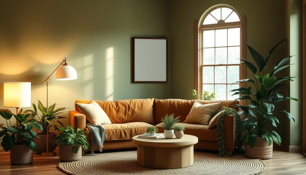 A cozy and serene living room showcasing a harmonious blend of nature-inspired colors. The space features a plush, earthy-toned sofa complemented by lush, verdant houseplants that add a refreshing touch. Soft, diffused lighting from floor lamps and a large, framed window create a warm, inviting ambiance. The walls are painted in a soothing sage green hue, accentuated by natural wood accents and a woven area rug in muted tones. The overall composition evokes a sense of tranquility and a connection to the outdoors, perfect for a relaxing and rejuvenating atmosphere. A cozy and serene living room showcasing a harmonious blend of nature-inspired colors. The space features a plush, earthy-toned sofa complemented by lush, verdant houseplants that add a refreshing touch. Soft, diffused lighting from floor lamps and a large, framed window create a warm, inviting ambiance. The walls are painted in a soothing sage green hue, accentuated by natural wood accents and a woven area rug in muted tones. The overall composition evokes a sense of tranquility and a connection to the outdoors, perfect for a relaxing and rejuvenating atmosphere.