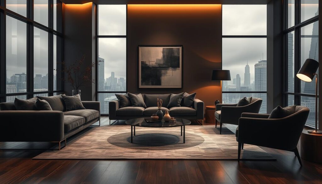 A cozy and sophisticated charcoal-toned living space, bathed in warm, moody lighting. In the foreground, a plush, oversized charcoal sofa sits atop a sleek, muted grey area rug. Flanking the sofa, a pair of angular, charcoal-colored armchairs create a harmonious seating arrangement. In the middle ground, a minimalist, charcoal-framed abstract artwork hangs on the wall, complementing the color scheme. Scattered throughout the space, accents of brushed brass and dark wood add depth and texture. The background features a wall of large, steel-framed windows, offering a glimpse of a moody, overcast cityscape beyond, creating a sense of urban elegance. A cozy and sophisticated charcoal-toned living space, bathed in warm, moody lighting. In the foreground, a plush, oversized charcoal sofa sits atop a sleek, muted grey area rug. Flanking the sofa, a pair of angular, charcoal-colored armchairs create a harmonious seating arrangement. In the middle ground, a minimalist, charcoal-framed abstract artwork hangs on the wall, complementing the color scheme. Scattered throughout the space, accents of brushed brass and dark wood add depth and texture. The background features a wall of large, steel-framed windows, offering a glimpse of a moody, overcast cityscape beyond, creating a sense of urban elegance.