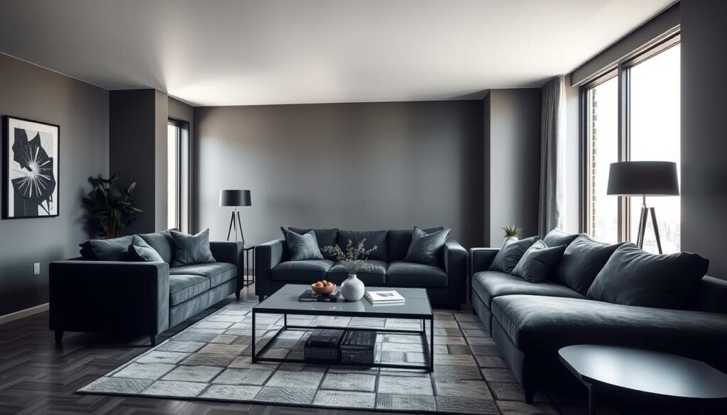 A cozy and sophisticated dark grey living room with a plush sectional sofa, a matching loveseat, and a sleek coffee table. The furniture is arranged in a warm, inviting layout, bathed in soft, indirect lighting that casts gentle shadows. The room has a muted, tranquil atmosphere, with minimal decor that allows the furniture to take center stage. The walls are painted in a complementary shade of grey, creating a harmonious and calming ambiance. Large windows allow natural light to filter in, adding depth and dimension to the space. This image captures the essence of a chic, modern dark grey living room that exudes comfort and style. A cozy and sophisticated dark grey living room with a plush sectional sofa, a matching loveseat, and a sleek coffee table. The furniture is arranged in a warm, inviting layout, bathed in soft, indirect lighting that casts gentle shadows. The room has a muted, tranquil atmosphere, with minimal decor that allows the furniture to take center stage. The walls are painted in a complementary shade of grey, creating a harmonious and calming ambiance. Large windows allow natural light to filter in, adding depth and dimension to the space. This image captures the essence of a chic, modern dark grey living room that exudes comfort and style.