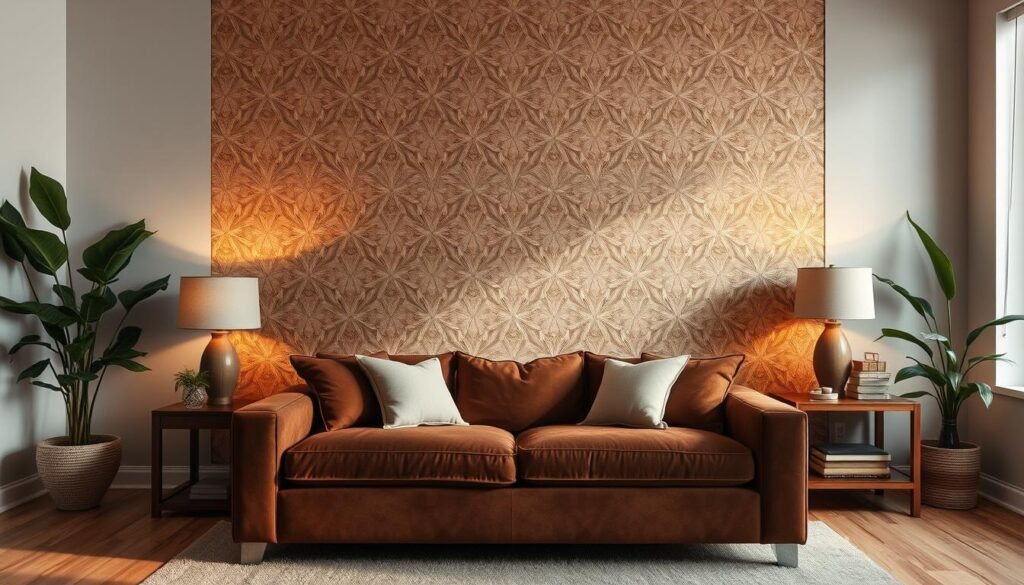 A cozy and stylish brown living room with an elegant accent wall as the focal point. The accent wall features a intricate geometric pattern in shades of tan, beige, and warm brown, creating a visually stunning and textural backdrop for the room. The room is bathed in soft, indirect lighting that casts a warm glow, complementing the rich tones of the couch and accent wall. In the foreground, a plush brown sofa anchors the space, inviting relaxation and comfort. Warm-toned wood accents, lush greenery, and carefully curated decor elements complete the refined and sophisticated atmosphere.