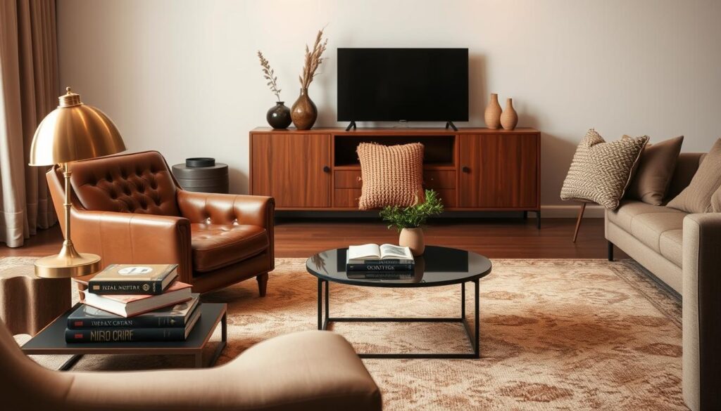 A cozy and stylish brown living room with elegant accessories. In the foreground, a plush, tufted leather armchair sits beside a sleek, low-profile coffee table topped with a stack of hardcover books and a burnished brass table lamp. In the middle ground, a large, patterned area rug grounds the space, complemented by a pair of nubby, earth-toned throw pillows on a neutral linen sofa. The background features a wooden media console with minimalist decor, including a potted plant and a pair of ceramic vases in warm, earthy tones. Soft, indirect lighting casts a warm, inviting glow throughout the room, creating a refined and sophisticated ambiance.