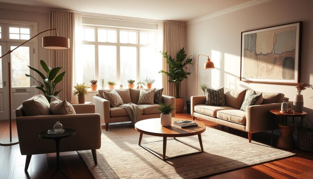 A cozy and stylish living room with a plush sofa and armchair in a neutral palette, complemented by a mid-century modern coffee table and side tables. Warm, natural lighting filters through large windows, casting a soft glow on the room. Carefully curated decor elements, such as a statement floor lamp, potted plants, and abstract artwork, add depth and character. The space exudes an elegant, refined atmosphere, perfect for relaxation and entertaining. A cozy and stylish living room with a plush sofa and armchair in a neutral palette, complemented by a mid-century modern coffee table and side tables. Warm, natural lighting filters through large windows, casting a soft glow on the room. Carefully curated decor elements, such as a statement floor lamp, potted plants, and abstract artwork, add depth and character. The space exudes an elegant, refined atmosphere, perfect for relaxation and entertaining.