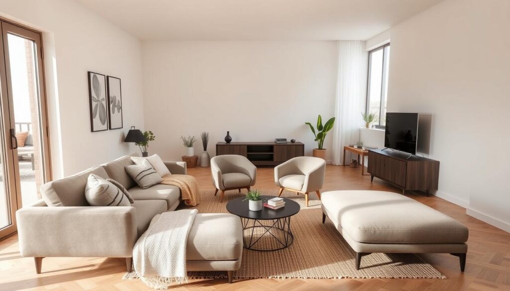 A cozy and stylish small living room with innovative sofa designs. The foreground features a modern L-shaped sectional sofa in a muted color palette, complemented by plush throw pillows and a soft woven blanket. In the middle ground, a pair of compact armchairs in a matching hue create a cohesive seating arrangement. The background showcases minimalist decor, with a sleek media console, a few potted plants, and a large window that lets in natural light, creating a bright and airy atmosphere. The lighting is soft and warm, enhancing the overall inviting ambiance of the space. A cozy and stylish small living room with innovative sofa designs. The foreground features a modern L-shaped sectional sofa in a muted color palette, complemented by plush throw pillows and a soft woven blanket. In the middle ground, a pair of compact armchairs in a matching hue create a cohesive seating arrangement. The background showcases minimalist decor, with a sleek media console, a few potted plants, and a large window that lets in natural light, creating a bright and airy atmosphere. The lighting is soft and warm, enhancing the overall inviting ambiance of the space.