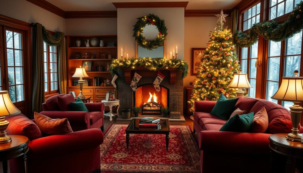 A cozy and traditional Christmas living room with a central fireplace, its mantel adorned with a lush garland and stockings. Overstuffed armchairs and a plush sofa in rich red and forest green fabrics sit around an ornate area rug. Twinkling lights on a full-bodied Christmas tree cast a warm glow, while snow-frosted windows add to the inviting atmosphere. Brass candlesticks and porcelain figurines decorate the shelves, complementing the classic red and green color scheme. Soft, diffused lighting from table lamps and a wreath-framed mirror creates a comfortable, intimate setting perfect for holiday gatherings. A cozy and traditional Christmas living room with a central fireplace, its mantel adorned with a lush garland and stockings. Overstuffed armchairs and a plush sofa in rich red and forest green fabrics sit around an ornate area rug. Twinkling lights on a full-bodied Christmas tree cast a warm glow, while snow-frosted windows add to the inviting atmosphere. Brass candlesticks and porcelain figurines decorate the shelves, complementing the classic red and green color scheme. Soft, diffused lighting from table lamps and a wreath-framed mirror creates a comfortable, intimate setting perfect for holiday gatherings.