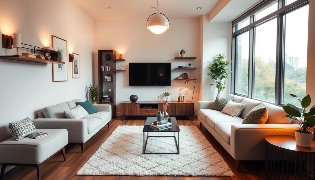 A cozy and well-designed small living room, with a focus on creative layout ideas. The space features a minimalist L-shaped sofa arrangement, accompanied by a modern coffee table and a plush area rug. Warm lighting from sconces and a pendant lamp creates a inviting ambiance. Strategically placed shelves and a wall-mounted TV optimize storage and display. Large windows allow natural light to flow in, giving the room an airy and spacious feel. Subtle pops of color through accent pillows and artwork add visual interest. The overall layout prioritizes functionality and visual balance within the compact footprint. A cozy and well-designed small living room, with a focus on creative layout ideas. The space features a minimalist L-shaped sofa arrangement, accompanied by a modern coffee table and a plush area rug. Warm lighting from sconces and a pendant lamp creates a inviting ambiance. Strategically placed shelves and a wall-mounted TV optimize storage and display. Large windows allow natural light to flow in, giving the room an airy and spacious feel. Subtle pops of color through accent pillows and artwork add visual interest. The overall layout prioritizes functionality and visual balance within the compact footprint.