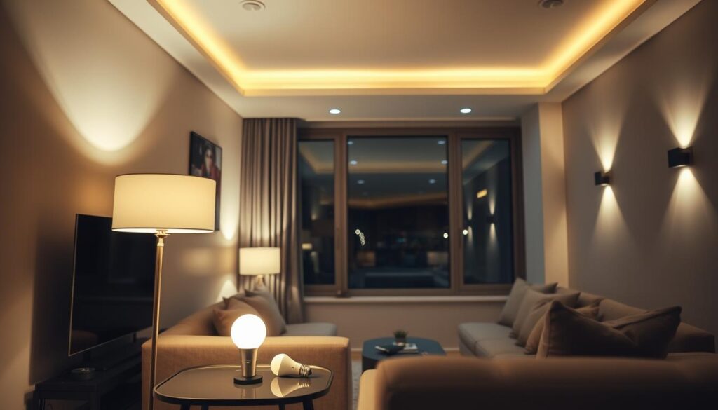 A cozy and well-lit small living room, showcasing a variety of smart lighting solutions. In the foreground, a sleek, minimalist floor lamp with adjustable brightness and color temperature casts a warm glow. On the side table, a voice-controlled smart bulb illuminates the space. Along the far wall, recessed ceiling lights create a subtle, ambient lighting effect. Strategically placed wall sconces flank a large window, drawing the eye outward and accentuating the room's depth. The overall atmosphere is inviting, modern, and optimized for both functionality and aesthetic appeal. A cozy and well-lit small living room, showcasing a variety of smart lighting solutions. In the foreground, a sleek, minimalist floor lamp with adjustable brightness and color temperature casts a warm glow. On the side table, a voice-controlled smart bulb illuminates the space. Along the far wall, recessed ceiling lights create a subtle, ambient lighting effect. Strategically placed wall sconces flank a large window, drawing the eye outward and accentuating the room's depth. The overall atmosphere is inviting, modern, and optimized for both functionality and aesthetic appeal.