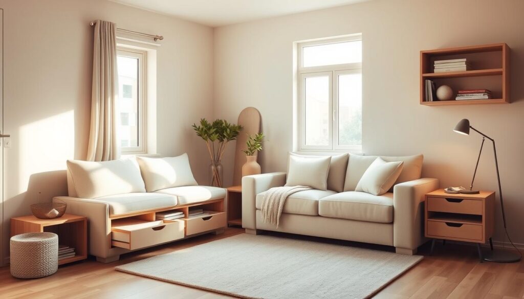 A cozy and well-organized small living room featuring a sleek, minimalist sofa with built-in storage compartments and shelves. The space is bathed in warm, natural lighting from a large window, casting a soft glow on the neutral-toned furnishings. Clever storage solutions, such as under-seat cubbies and side tables with drawers, maximize the limited floor space while maintaining a clutter-free, airy atmosphere. The room's layout is designed to maximize functionality and visual appeal, with the storage elements seamlessly integrated into the sofa design. A tranquil, Scandinavian-inspired ambiance pervades the scene, creating an inviting and practical living space for a small home. A cozy and well-organized small living room featuring a sleek, minimalist sofa with built-in storage compartments and shelves. The space is bathed in warm, natural lighting from a large window, casting a soft glow on the neutral-toned furnishings. Clever storage solutions, such as under-seat cubbies and side tables with drawers, maximize the limited floor space while maintaining a clutter-free, airy atmosphere. The room's layout is designed to maximize functionality and visual appeal, with the storage elements seamlessly integrated into the sofa design. A tranquil, Scandinavian-inspired ambiance pervades the scene, creating an inviting and practical living space for a small home.