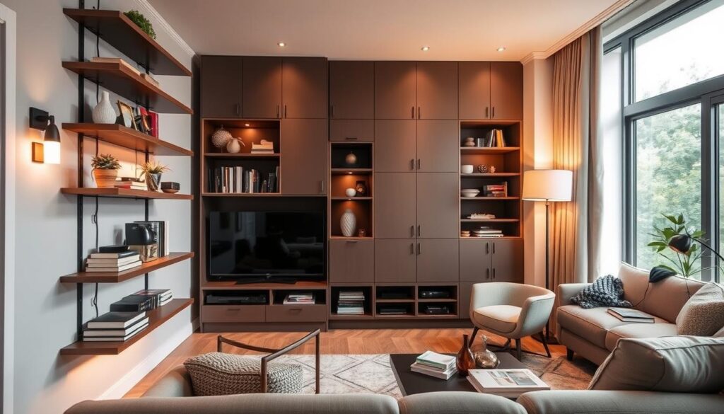 A cozy and well-organized small living room featuring an array of vertical storage solutions. In the foreground, sleek floating shelves display decorative accents and books, maximizing limited floor space. The middle ground showcases a modular wall unit with concealed cabinets and cubbies, providing ample storage for media, knick-knacks, and household essentials. Warm, diffused lighting from sconces and a floor lamp creates a inviting ambiance, while a large window in the background allows natural light to flood the space, making it feel bright and airy. The overall composition conveys a sense of thoughtful design and efficient use of vertical real estate in a compact living area. A cozy and well-organized small living room featuring an array of vertical storage solutions. In the foreground, sleek floating shelves display decorative accents and books, maximizing limited floor space. The middle ground showcases a modular wall unit with concealed cabinets and cubbies, providing ample storage for media, knick-knacks, and household essentials. Warm, diffused lighting from sconces and a floor lamp creates a inviting ambiance, while a large window in the background allows natural light to flood the space, making it feel bright and airy. The overall composition conveys a sense of thoughtful design and efficient use of vertical real estate in a compact living area.