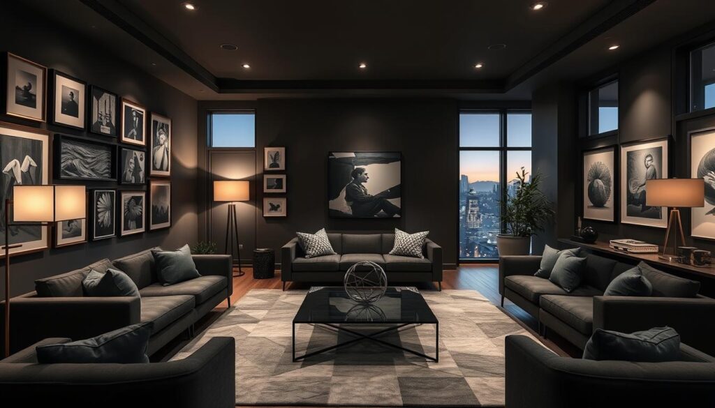 A cozy, art-filled dark grey living room with a modern, minimalist aesthetic. In the foreground, a sleek, low-profile sofa and armchairs in charcoal tones. On the walls, a gallery of abstract paintings and photographs in a mix of black, white, and metallic frames. Indirect lighting from floor lamps and recessed ceiling fixtures creates a warm, inviting ambiance. In the middle ground, a geometric area rug in shades of grey and a glass-topped coffee table with a sculptural centerpiece. The background features floor-to-ceiling windows overlooking a city skyline, with the soft glow of dusk filtering in. A cozy, art-filled dark grey living room with a modern, minimalist aesthetic. In the foreground, a sleek, low-profile sofa and armchairs in charcoal tones. On the walls, a gallery of abstract paintings and photographs in a mix of black, white, and metallic frames. Indirect lighting from floor lamps and recessed ceiling fixtures creates a warm, inviting ambiance. In the middle ground, a geometric area rug in shades of grey and a glass-topped coffee table with a sculptural centerpiece. The background features floor-to-ceiling windows overlooking a city skyline, with the soft glow of dusk filtering in.