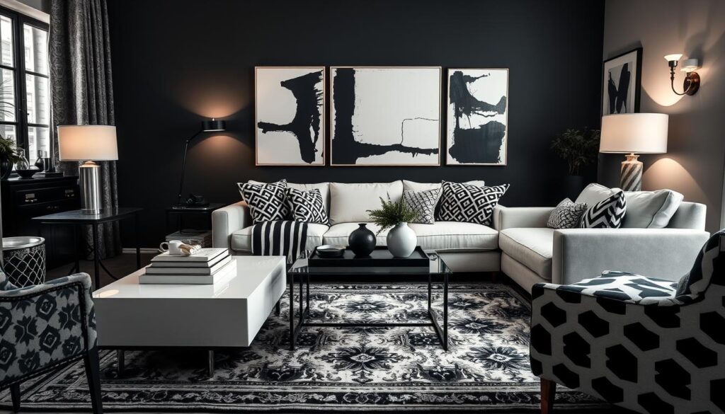 A cozy black and white living room with a striking mix of geometric and organic patterns. The focal point is a large, plush sofa adorned with a bold striped throw and complementary patterned pillows. In the foreground, a sleek coffee table showcases a curated display of black and white décor items. The middle ground features a vintage-inspired rug with an intricate tiled design that anchors the space. The background boasts a gallery wall of abstract black and white artworks, casting a moody, contemplative atmosphere. Soft, diffused lighting from floor lamps and sconces illuminates the room, creating depth and dimension. This harmonious blend of contrasting patterns and textures exudes a sense of refined elegance and visual interest.