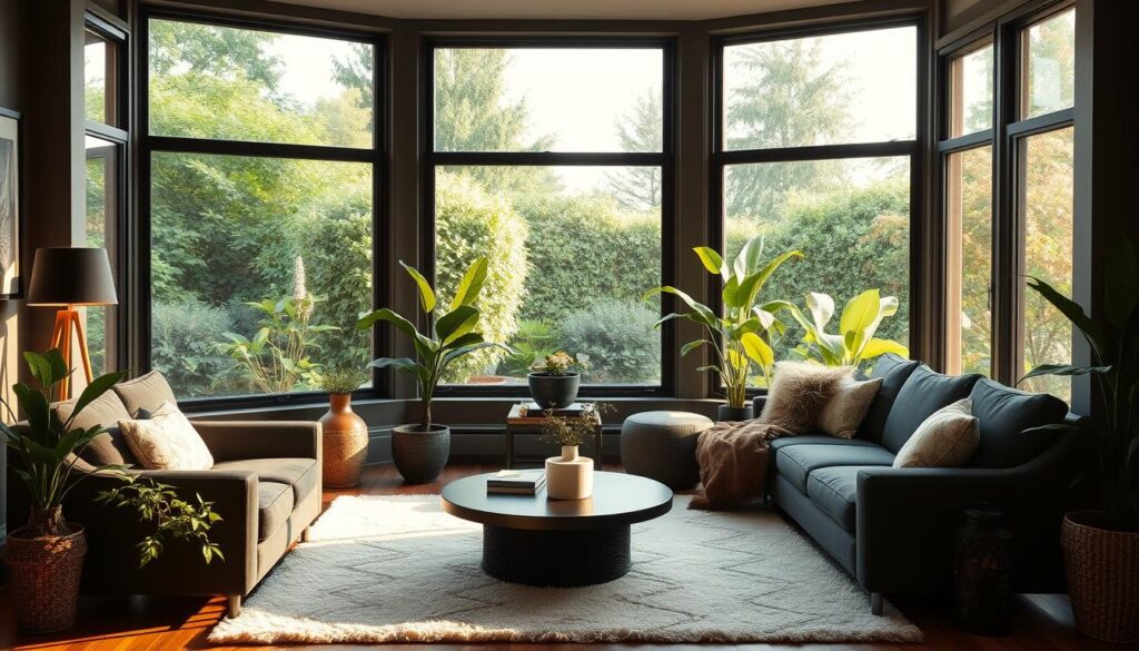 A cozy black living room with an outdoor-inspired ambiance. A large bay window frames a lush garden view, filling the space with natural light. Smooth ebony furniture, accented by earthy textures and verdant potted plants, creates a serene, nature-inspired atmosphere. Warm, indirect lighting casts a soft glow, while a plush area rug grounds the composition. Minimalist, yet inviting, this living room seamlessly blends the boundaries between indoor and outdoor living.