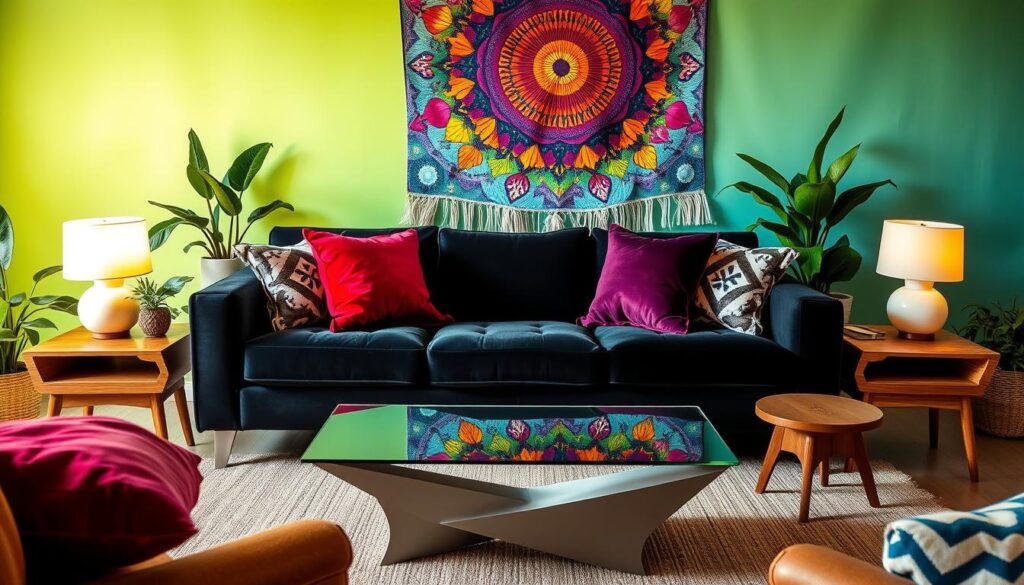 A cozy black sofa set against a bright, vibrant backdrop, accented with playful pops of color and eclectic textures. In the foreground, plush velvet throw pillows in deep jewel tones and geometric patterns add a stylish, modern flair. The middle ground features a sleek, angular coffee table with a glass top, surrounded by mid-century inspired wooden side tables and lamps emitting a warm, ambient glow. In the background, a vibrant, abstract wall hanging in a kaleidoscope of colors adds a funky, bohemian touch, complemented by lush, verdant potted plants. The overall scene exudes a lively, welcoming atmosphere, perfect for a cozy, yet chic living space. A cozy black sofa set against a bright, vibrant backdrop, accented with playful pops of color and eclectic textures. In the foreground, plush velvet throw pillows in deep jewel tones and geometric patterns add a stylish, modern flair. The middle ground features a sleek, angular coffee table with a glass top, surrounded by mid-century inspired wooden side tables and lamps emitting a warm, ambient glow. In the background, a vibrant, abstract wall hanging in a kaleidoscope of colors adds a funky, bohemian touch, complemented by lush, verdant potted plants. The overall scene exudes a lively, welcoming atmosphere, perfect for a cozy, yet chic living space.