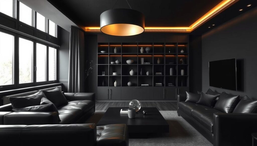 A cozy black-themed living room with a modern, minimalist design. In the foreground, a sleek black leather sofa and a low black coffee table with angular lines. Overhead, a large black pendant light casts a warm, ambient glow. In the middle ground, a tall black bookshelf filled with decorative objects and textured vases. The walls are painted in a deep, rich black, creating a moody, sophisticated atmosphere. Soft, warm lighting filters in through large windows, illuminating the space. The overall impression is one of elegant simplicity, with ebony tones and clean, geometric shapes defining the space.