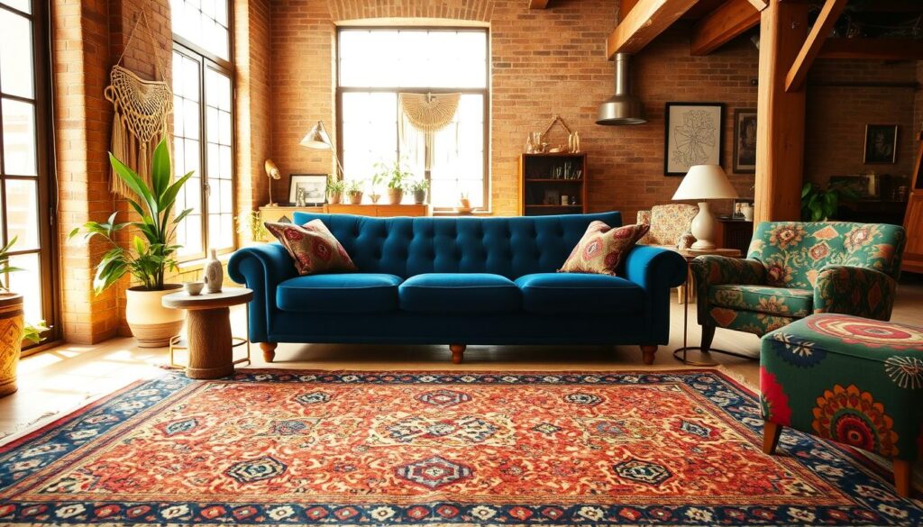 A cozy, bohemian-inspired living room with a plush, deep blue velvet couch as the focal point. Sunlight streams in through large windows, casting a warm glow on the space. In the foreground, a vintage Persian rug with intricate patterns adds texture and depth. Eclectic decor elements like a macrame wall hanging, potted plants, and a wooden coffee table create a layered, lived-in aesthetic. The middle ground features a pair of mismatched armchairs upholstered in bold, colorful patterns that complement the blue couch. The background showcases exposed brick walls and wooden beams, lending an industrial-chic vibe to the room. Overall, the scene exudes a relaxed, vibrant, and inviting atmosphere. A cozy, bohemian-inspired living room with a plush, deep blue velvet couch as the focal point. Sunlight streams in through large windows, casting a warm glow on the space. In the foreground, a vintage Persian rug with intricate patterns adds texture and depth. Eclectic decor elements like a macrame wall hanging, potted plants, and a wooden coffee table create a layered, lived-in aesthetic. The middle ground features a pair of mismatched armchairs upholstered in bold, colorful patterns that complement the blue couch. The background showcases exposed brick walls and wooden beams, lending an industrial-chic vibe to the room. Overall, the scene exudes a relaxed, vibrant, and inviting atmosphere.