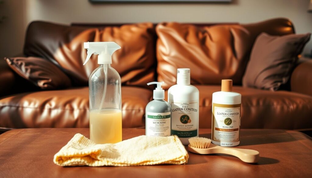 A cozy brown leather couch in a well-lit living room, its surface shined and polished, showcasing a natural matte finish. The cushions are fluffed and inviting, with a soft yet durable texture. In the foreground, a selection of cleaning products and tools, including a microfiber cloth, leather conditioner, and a small brush, are neatly arranged, ready to be used for a thorough maintenance routine. The background features warm, indirect lighting, casting a gentle glow and highlighting the rich hues of the couch. The overall atmosphere is one of relaxation and care, encouraging the viewer to envision the steps necessary to keep a brown couch looking its best.