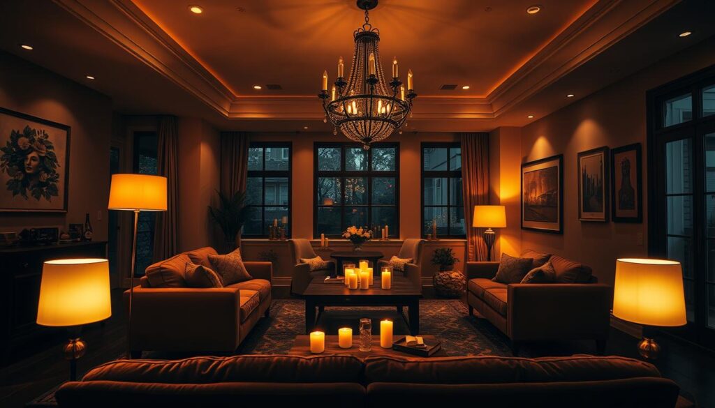 A cozy dark-floored living room bathed in warm, ambient lighting. In the foreground, a plush, low-slung sofa is illuminated by a pair of sleek, minimalist floor lamps casting a soft, diffused glow. In the middle ground, a wooden coffee table is accented by the gentle flickering of candlelight. Recessed ceiling lights and a grand, statement chandelier provide overall illumination, casting dramatic shadows and creating a cozy, inviting atmosphere. The walls are adorned with framed artwork, adding depth and visual interest. Large windows allow natural light to filter in, complementing the artificial lighting solutions. The scene conveys a sense of comfort, relaxation, and intentional design. A cozy dark-floored living room bathed in warm, ambient lighting. In the foreground, a plush, low-slung sofa is illuminated by a pair of sleek, minimalist floor lamps casting a soft, diffused glow. In the middle ground, a wooden coffee table is accented by the gentle flickering of candlelight. Recessed ceiling lights and a grand, statement chandelier provide overall illumination, casting dramatic shadows and creating a cozy, inviting atmosphere. The walls are adorned with framed artwork, adding depth and visual interest. Large windows allow natural light to filter in, complementing the artificial lighting solutions. The scene conveys a sense of comfort, relaxation, and intentional design.
