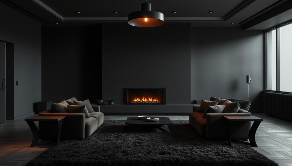 A cozy, dimly lit living room with a moody, sophisticated ambiance. In the foreground, a plush, deep-toned velvet sofa anchors the space, complemented by sleek, angular side tables in a rich, dark wood. A large, modern fireplace in matte black dominates the middle ground, casting a warm, flickering glow across the room. The walls are painted in a muted, charcoal gray, creating a sense of depth and drama. Overhead, a statement pendant light in matte black metal casts a soft, ambient illumination, while the floor is covered in a lush, textured area rug in a dark, earthy tone. The overall effect is one of refined, elegant minimalism, inviting the viewer to sink into the luxurious, moody atmosphere. A cozy, dimly lit living room with a moody, sophisticated ambiance. In the foreground, a plush, deep-toned velvet sofa anchors the space, complemented by sleek, angular side tables in a rich, dark wood. A large, modern fireplace in matte black dominates the middle ground, casting a warm, flickering glow across the room. The walls are painted in a muted, charcoal gray, creating a sense of depth and drama. Overhead, a statement pendant light in matte black metal casts a soft, ambient illumination, while the floor is covered in a lush, textured area rug in a dark, earthy tone. The overall effect is one of refined, elegant minimalism, inviting the viewer to sink into the luxurious, moody atmosphere.