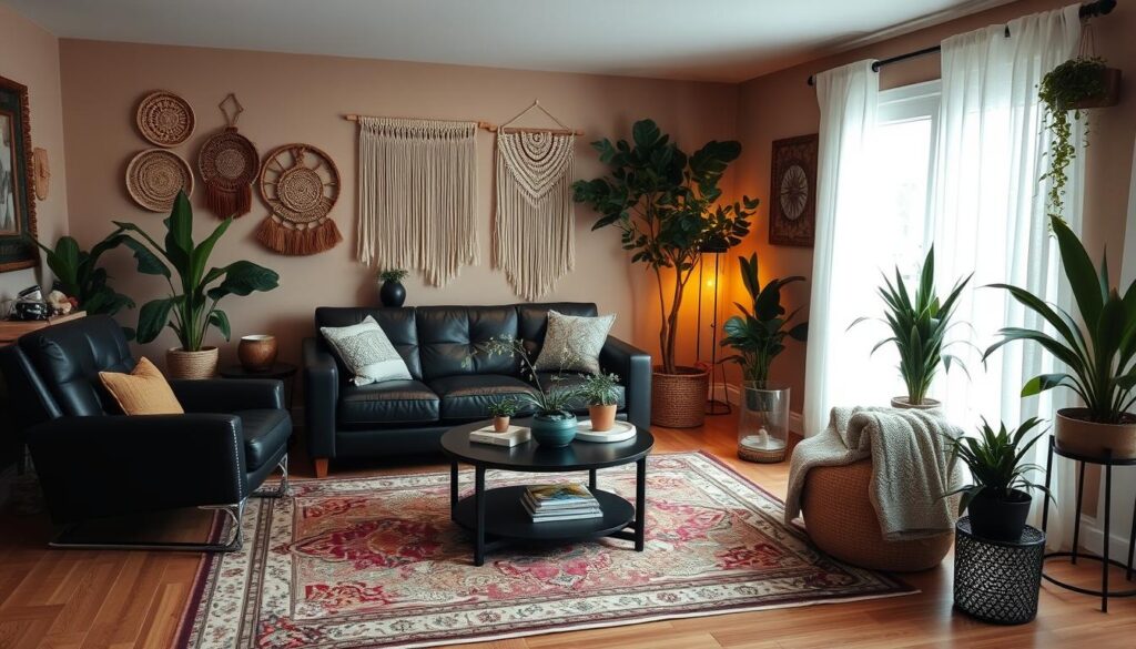 A cozy, eclectic living room with a focus on black furniture. The room is bathed in warm, diffused lighting, creating a inviting and relaxed atmosphere. A plush, black leather sofa takes center stage, complemented by a black accent chair and a black coffee table. Surrounding the furniture, an array of boho-inspired decor elements, such as woven baskets, macrame wall hangings, and lush potted plants, add depth and character to the space. The walls are painted in a soft, earthy tone, and the hardwood floors are covered by a vintage-inspired area rug in muted tones. The overall mood is one of laid-back sophistication, blending modern and traditional design elements for a truly unique and captivating look. A cozy, eclectic living room with a focus on black furniture. The room is bathed in warm, diffused lighting, creating a inviting and relaxed atmosphere. A plush, black leather sofa takes center stage, complemented by a black accent chair and a black coffee table. Surrounding the furniture, an array of boho-inspired decor elements, such as woven baskets, macrame wall hangings, and lush potted plants, add depth and character to the space. The walls are painted in a soft, earthy tone, and the hardwood floors are covered by a vintage-inspired area rug in muted tones. The overall mood is one of laid-back sophistication, blending modern and traditional design elements for a truly unique and captivating look.