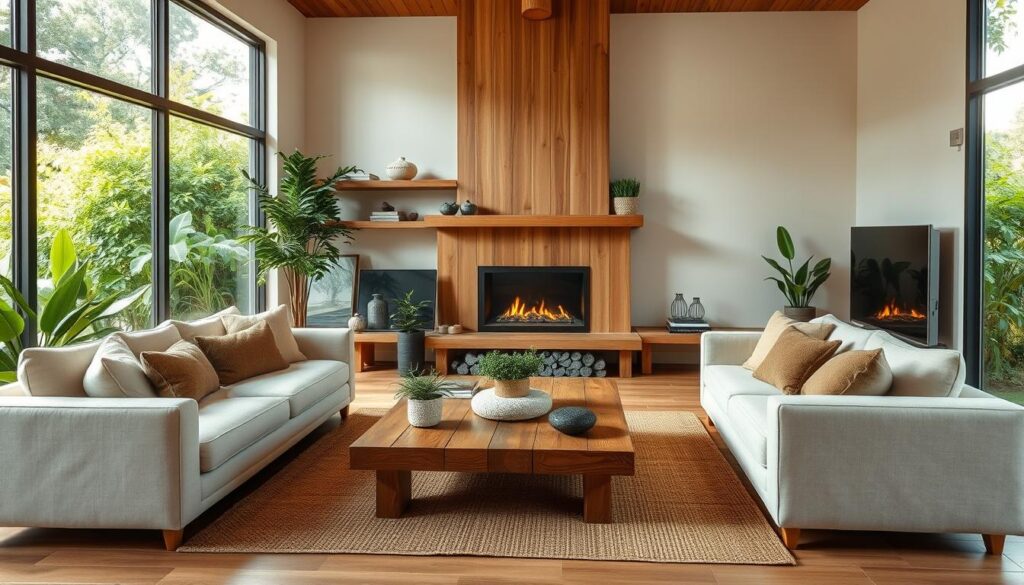 A cozy eco-friendly living room with warm natural lighting filtering through large windows overlooking a lush green garden. Plush organic cotton sofas and armchairs arranged around a wooden coffee table, accented with potted plants and natural fiber area rugs. Wooden shelves display decorative items made from sustainable materials like bamboo and stone. Soft indirect LED lighting creates a tranquil ambiance, while a sleek modern fireplace made of recycled steel adds a touch of contemporary elegance. The overall feel is one of minimalist sophistication and environmental consciousness. A cozy eco-friendly living room with warm natural lighting filtering through large windows overlooking a lush green garden. Plush organic cotton sofas and armchairs arranged around a wooden coffee table, accented with potted plants and natural fiber area rugs. Wooden shelves display decorative items made from sustainable materials like bamboo and stone. Soft indirect LED lighting creates a tranquil ambiance, while a sleek modern fireplace made of recycled steel adds a touch of contemporary elegance. The overall feel is one of minimalist sophistication and environmental consciousness.