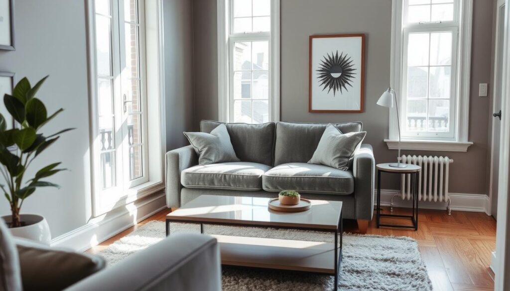 A cozy gray loveseat nestled in a charming small living room, bathed in soft natural light streaming through large windows. The loveseat's plush, velvety upholstery is complemented by chic yet understated throw pillows. Nearby, a sleek coffee table and minimalist side table add elegant touches. The room's walls are painted in a tranquil, muted shade, allowing the loveseat to take center stage. Wooden flooring and a plush area rug create a warm, inviting atmosphere. The camera captures the scene from a slightly elevated angle, showcasing the loveseat's harmonious integration within the compact yet stylish living space. A cozy gray loveseat nestled in a charming small living room, bathed in soft natural light streaming through large windows. The loveseat's plush, velvety upholstery is complemented by chic yet understated throw pillows. Nearby, a sleek coffee table and minimalist side table add elegant touches. The room's walls are painted in a tranquil, muted shade, allowing the loveseat to take center stage. Wooden flooring and a plush area rug create a warm, inviting atmosphere. The camera captures the scene from a slightly elevated angle, showcasing the loveseat's harmonious integration within the compact yet stylish living space.
