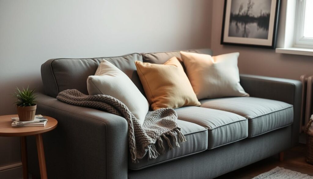 A cozy gray sofa nestled in a small living room, with soft lighting illuminating plush throw pillows and a knitted blanket draped over the armrest. On the adjacent side table, a potted plant and a stack of books add natural accents, while a framed piece of abstract art hangs on the wall, reflecting the muted color scheme. The room has a warm, inviting ambiance, perfect for relaxing and unwinding on a budget-friendly gray couch. A cozy gray sofa nestled in a small living room, with soft lighting illuminating plush throw pillows and a knitted blanket draped over the armrest. On the adjacent side table, a potted plant and a stack of books add natural accents, while a framed piece of abstract art hangs on the wall, reflecting the muted color scheme. The room has a warm, inviting ambiance, perfect for relaxing and unwinding on a budget-friendly gray couch.