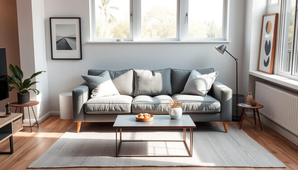 A cozy gray sofa rests in a small, well-lit living room. Soft natural light filters through large windows, casting a warm glow on the minimalist decor. The sofa's plush cushions invite relaxation, while a modern, low-profile coffee table grounds the space. Tasteful artwork adorns the walls, complementing the room's neutral color palette. The overall atmosphere is inviting and serene, showcasing how a gray couch can anchor a compact yet stylish living area. A cozy gray sofa rests in a small, well-lit living room. Soft natural light filters through large windows, casting a warm glow on the minimalist decor. The sofa's plush cushions invite relaxation, while a modern, low-profile coffee table grounds the space. Tasteful artwork adorns the walls, complementing the room's neutral color palette. The overall atmosphere is inviting and serene, showcasing how a gray couch can anchor a compact yet stylish living area.
