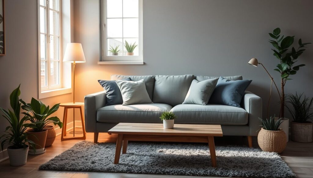 A cozy gray sofa sits in a sunlit living room, its plush cushions inviting relaxation. Surrounding it, potted plants and a minimalist wooden coffee table create a serene, nature-inspired ambiance. The walls are painted a soft, muted gray, complementing the sofa's hue and lending an air of sophistication. Warm lighting from a standing lamp casts a gentle glow, while a large window floods the space with natural light, illuminating the room's clean lines and neutral tones. Decorative throw pillows in various shades of gray add depth and texture, while a fluffy gray area rug grounds the composition. The overall scene exudes a sense of calm and harmony, perfectly capturing the magic of a gray couch in a small living space. A cozy gray sofa sits in a sunlit living room, its plush cushions inviting relaxation. Surrounding it, potted plants and a minimalist wooden coffee table create a serene, nature-inspired ambiance. The walls are painted a soft, muted gray, complementing the sofa's hue and lending an air of sophistication. Warm lighting from a standing lamp casts a gentle glow, while a large window floods the space with natural light, illuminating the room's clean lines and neutral tones. Decorative throw pillows in various shades of gray add depth and texture, while a fluffy gray area rug grounds the composition. The overall scene exudes a sense of calm and harmony, perfectly capturing the magic of a gray couch in a small living space.