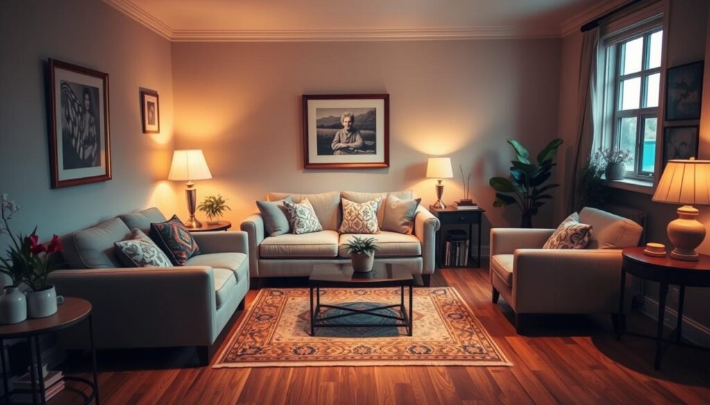 A cozy, intimate living room filled with a plush, low-profile sofa, a pair of armchairs, and a compact coffee table. The furniture is arranged in a conversational layout, positioned around a small, decorative rug. Warm, diffused lighting illuminates the space, creating a soft, inviting ambiance. The room's walls are adorned with tasteful artwork and a few carefully curated decorative accents, lending a sense of personality and comfort. The overall aesthetic is one of understated elegance, perfectly suited for a small, intimate living space. A cozy, intimate living room filled with a plush, low-profile sofa, a pair of armchairs, and a compact coffee table. The furniture is arranged in a conversational layout, positioned around a small, decorative rug. Warm, diffused lighting illuminates the space, creating a soft, inviting ambiance. The room's walls are adorned with tasteful artwork and a few carefully curated decorative accents, lending a sense of personality and comfort. The overall aesthetic is one of understated elegance, perfectly suited for a small, intimate living space.