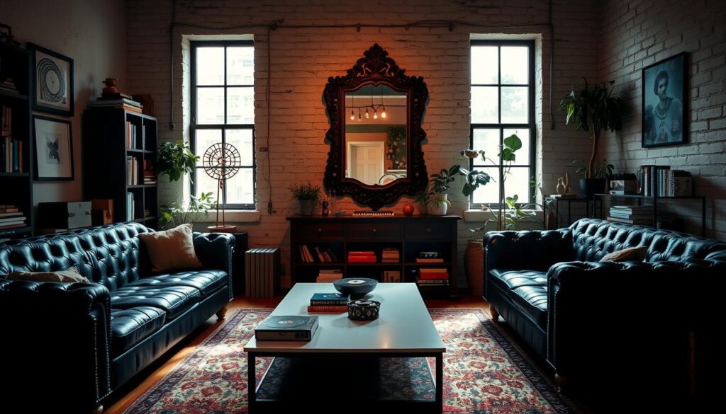 A cozy, intimate living room with a warm, inviting atmosphere. In the foreground, a plush, tufted black leather sofa and matching armchair are arranged around a sleek, minimalist coffee table. Scattered across the room are personal touches that reflect the owner's personality, such as a vintage record player, a collection of cherished books, and a few potted plants. The middle ground features a large, ornate mirror that adds depth and reflects the natural light streaming in from the large windows. The background showcases a textured, whitewashed brick wall, creating a subtle contrast and a sense of depth. The overall lighting is soft and diffused, creating a moody, atmospheric feel that evokes a sense of relaxation and introspection.