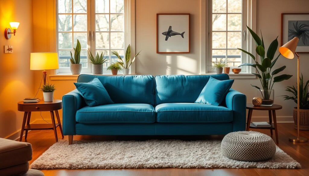 A cozy, inviting blue couch nestled in a warm, well-lit living room. The soft, plush cushions invite you to sink in and relax, while the sleek, modern design adds a touch of sophistication. Flanked by mid-century inspired end tables and a plush area rug, the couch is the centerpiece of the space. Warm, golden lighting from sconces and a floor lamp create a gentle, welcoming ambiance. Large windows let in natural light, highlighting the rich, vibrant hue of the couch. Potted plants and minimalist artwork on the walls add a touch of nature and tranquility to the scene. A cozy, inviting blue couch nestled in a warm, well-lit living room. The soft, plush cushions invite you to sink in and relax, while the sleek, modern design adds a touch of sophistication. Flanked by mid-century inspired end tables and a plush area rug, the couch is the centerpiece of the space. Warm, golden lighting from sconces and a floor lamp create a gentle, welcoming ambiance. Large windows let in natural light, highlighting the rich, vibrant hue of the couch. Potted plants and minimalist artwork on the walls add a touch of nature and tranquility to the scene.