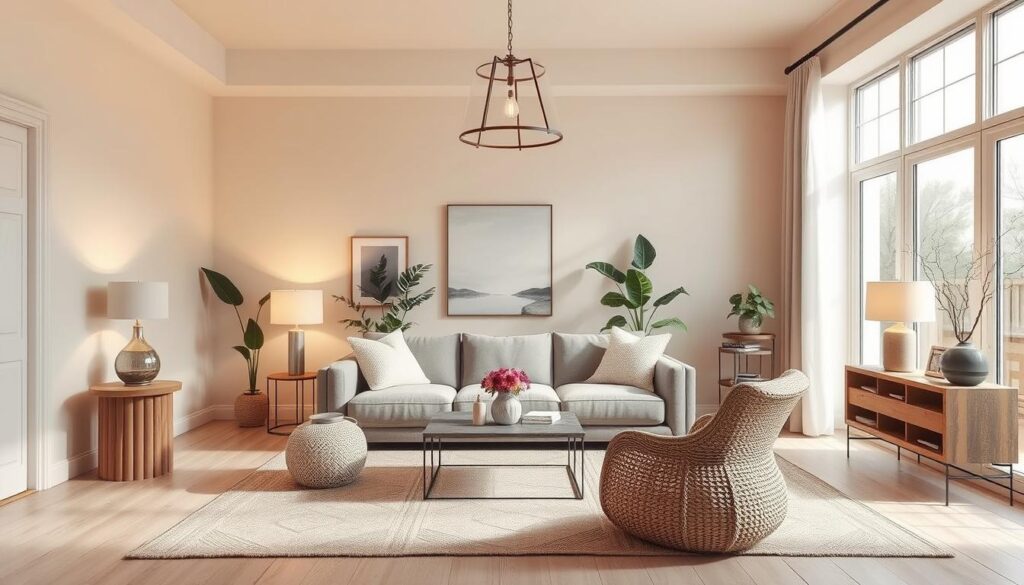 A cozy, inviting living room bathed in neutral tones, creating a timeless, tranquil atmosphere. A neutral palette of soft beiges, creams, and grays on the walls, complemented by plush textured furnishings such as a muted gray sofa and a beige area rug. Warm lighting from a central pendant fixture and subtle table lamps casts a gentle glow, highlighting the natural textures of wood and woven accents. Framed artwork in muted tones and potted plants add organic elements, while a large window allows natural light to filter in, illuminating the space. The overall impression is one of understated elegance and serene sophistication. A cozy, inviting living room bathed in neutral tones, creating a timeless, tranquil atmosphere. A neutral palette of soft beiges, creams, and grays on the walls, complemented by plush textured furnishings such as a muted gray sofa and a beige area rug. Warm lighting from a central pendant fixture and subtle table lamps casts a gentle glow, highlighting the natural textures of wood and woven accents. Framed artwork in muted tones and potted plants add organic elements, while a large window allows natural light to filter in, illuminating the space. The overall impression is one of understated elegance and serene sophistication.