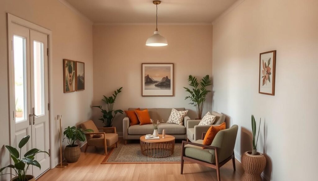 A cozy, inviting small living room with a harmonious color scheme that visually expands the space. The room features warm, neutral tones like soft beige walls, light wooden floors, and accents of earthy green and ochre in the textiles and decor. Soft, diffused lighting from a minimalist pendant lamp creates a soothing, intimate ambiance. The layout is arranged to maximize seating and storage, with a compact sofa, accent chairs, and a low coffee table. Potted plants and natural textures add organic touches that breathe life into the compact space, making it feel airy and welcoming. A cozy, inviting small living room with a harmonious color scheme that visually expands the space. The room features warm, neutral tones like soft beige walls, light wooden floors, and accents of earthy green and ochre in the textiles and decor. Soft, diffused lighting from a minimalist pendant lamp creates a soothing, intimate ambiance. The layout is arranged to maximize seating and storage, with a compact sofa, accent chairs, and a low coffee table. Potted plants and natural textures add organic touches that breathe life into the compact space, making it feel airy and welcoming.