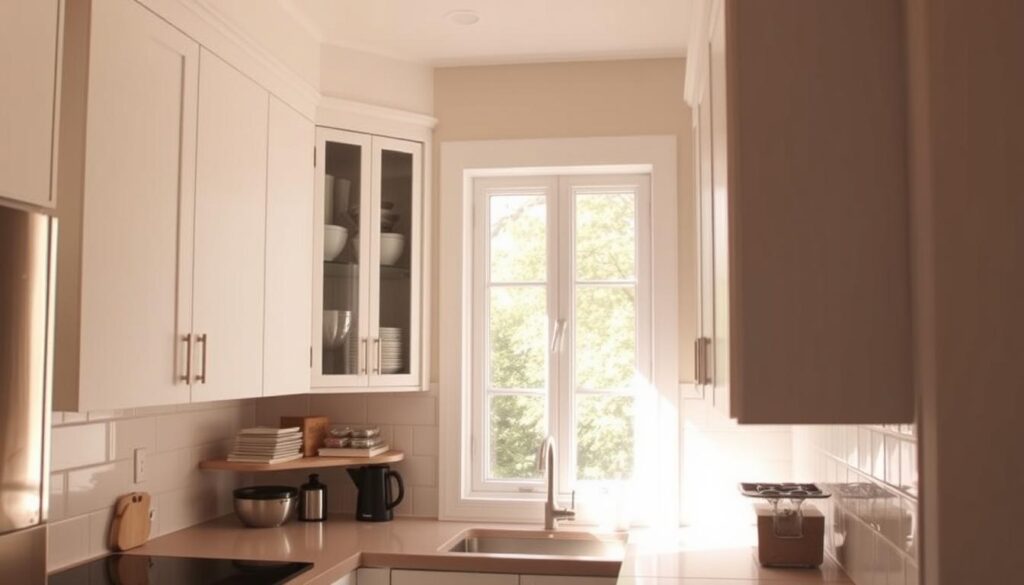 A cozy kitchen corner, bathed in warm, natural light from a large window. Sleek, space-saving corner cabinets line the walls, their clean, minimalist design seamlessly integrated into the overall aesthetic. The cabinets feature a combination of open shelving and concealed storage, allowing for efficient organization and display of kitchenware. Subtle, brushed metal hardware and a neutral color palette create a calming, refined atmosphere, perfectly suited for a small, yet functional kitchen space. A cozy kitchen corner, bathed in warm, natural light from a large window. Sleek, space-saving corner cabinets line the walls, their clean, minimalist design seamlessly integrated into the overall aesthetic. The cabinets feature a combination of open shelving and concealed storage, allowing for efficient organization and display of kitchenware. Subtle, brushed metal hardware and a neutral color palette create a calming, refined atmosphere, perfectly suited for a small, yet functional kitchen space.