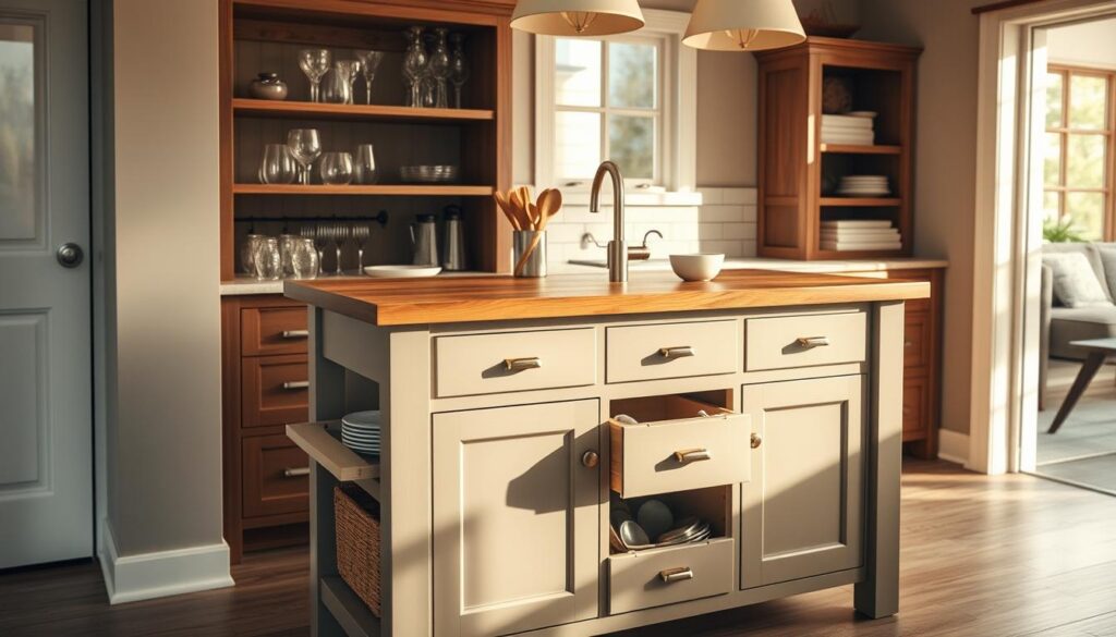 A cozy kitchen island with a variety of storage solutions - open shelves displaying elegant glassware, drawers for hiding away utensils, and a wooden top providing ample prep space. The scene is bathed in warm, natural lighting, creating a inviting, homey atmosphere. The camera angle captures the island from a slight overhead perspective, showcasing its efficient and stylish design. The background features muted, neutral tones that allow the island's functional yet sophisticated features to take center stage. A cozy kitchen island with a variety of storage solutions - open shelves displaying elegant glassware, drawers for hiding away utensils, and a wooden top providing ample prep space. The scene is bathed in warm, natural lighting, creating a inviting, homey atmosphere. The camera angle captures the island from a slight overhead perspective, showcasing its efficient and stylish design. The background features muted, neutral tones that allow the island's functional yet sophisticated features to take center stage.