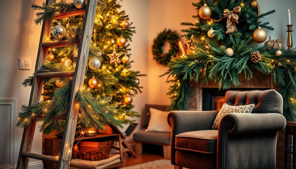 A cozy living room, adorned with a lush Christmas tree, its branches dripping with shimmering ornaments and twinkling lights. In the foreground, a rustic wooden ladder leans against the wall, its steps adorned with natural garlands and a string of warm, golden fairy lights. A plush, velvet-upholstered armchair sits beside a crackling fireplace, its mantel decorated with a cascade of evergreen boughs and a few carefully placed pinecones. The overall atmosphere is one of warmth, elegance, and a touch of whimsy, all achieved through budget-friendly, yet visually stunning, Christmas decor. A cozy living room, adorned with a lush Christmas tree, its branches dripping with shimmering ornaments and twinkling lights. In the foreground, a rustic wooden ladder leans against the wall, its steps adorned with natural garlands and a string of warm, golden fairy lights. A plush, velvet-upholstered armchair sits beside a crackling fireplace, its mantel decorated with a cascade of evergreen boughs and a few carefully placed pinecones. The overall atmosphere is one of warmth, elegance, and a touch of whimsy, all achieved through budget-friendly, yet visually stunning, Christmas decor.