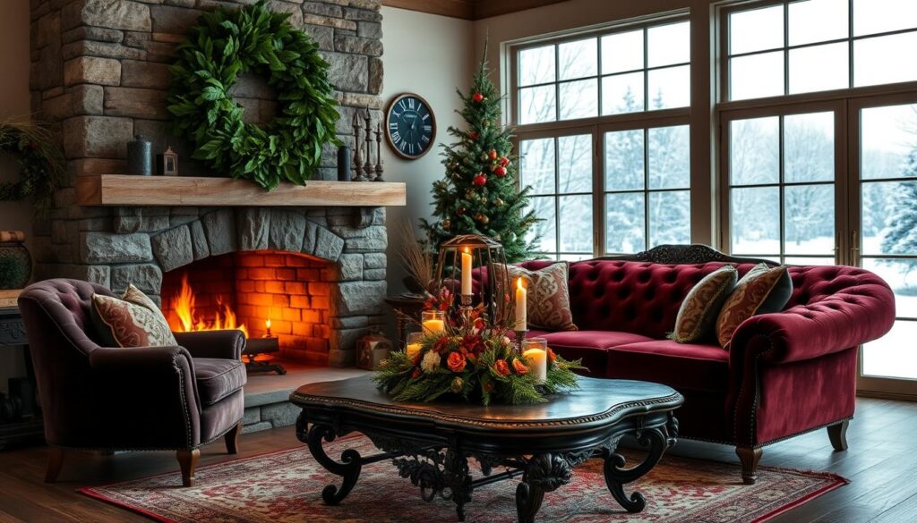 A cozy living room adorned with the enchanting trappings of the current season. In the foreground, a lush, verdant wreath hangs above a stone fireplace, its warm glow casting a soft, inviting light. Beside it, a plush, jewel-toned velvet sofa beckons for relaxation. In the middle ground, an ornate, antique-inspired coffee table is adorned with a centerpiece of seasonal blooms and candles, their flames flickering gently. In the background, large windows frame a picturesque view of a snowy winter landscape, enhancing the serene, peaceful atmosphere. The overall mood is one of comfort, coziness, and a celebration of the natural beauty of the current season. A cozy living room adorned with the enchanting trappings of the current season. In the foreground, a lush, verdant wreath hangs above a stone fireplace, its warm glow casting a soft, inviting light. Beside it, a plush, jewel-toned velvet sofa beckons for relaxation. In the middle ground, an ornate, antique-inspired coffee table is adorned with a centerpiece of seasonal blooms and candles, their flames flickering gently. In the background, large windows frame a picturesque view of a snowy winter landscape, enhancing the serene, peaceful atmosphere. The overall mood is one of comfort, coziness, and a celebration of the natural beauty of the current season.