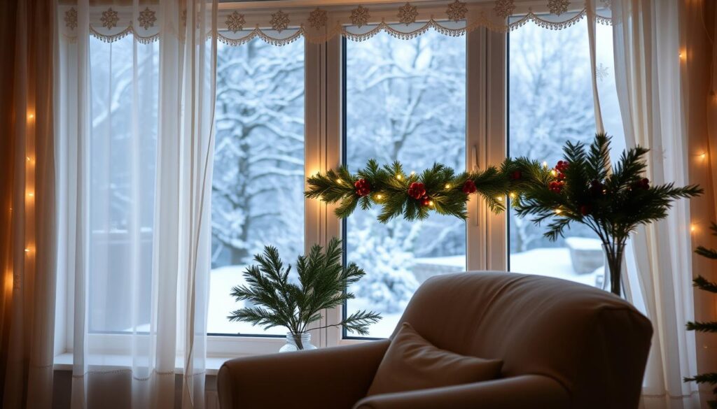 A cozy living room interior, with a large bay window framed by sheer white curtains adorned with delicate snowflake embroidery. The window sill is decorated with a lush garland of pine, holly, and red berries, accented by twinkling fairy lights. A vase of fresh pine branches sits nearby, emitting a crisp, evergreen scent. Soft, warm lighting filters through the curtains, casting a magical glow throughout the space. In the foreground, a plush armchair is positioned to take in the enchanting winter scene outside, where a light dusting of snow covers the landscape. The overall atmosphere is one of festive coziness and holiday charm. A cozy living room interior, with a large bay window framed by sheer white curtains adorned with delicate snowflake embroidery. The window sill is decorated with a lush garland of pine, holly, and red berries, accented by twinkling fairy lights. A vase of fresh pine branches sits nearby, emitting a crisp, evergreen scent. Soft, warm lighting filters through the curtains, casting a magical glow throughout the space. In the foreground, a plush armchair is positioned to take in the enchanting winter scene outside, where a light dusting of snow covers the landscape. The overall atmosphere is one of festive coziness and holiday charm.