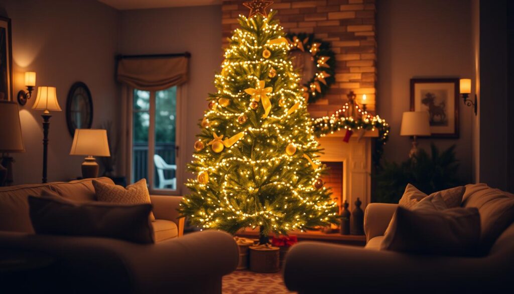 A cozy living room scene with a beautiful Christmas tree adorned with warm, twinkling lights that cast a magical glow throughout the space. The tree is the focal point, surrounded by plush, overstuffed sofas and chairs, with a roaring fireplace in the background. Soft, diffused lighting from table lamps and wall sconces creates a welcoming, intimate atmosphere. The camera angle is slightly elevated, capturing the full height of the tree and the overall sense of coziness and festivity. Soft, blurred edges and a shallow depth of field emphasize the inviting, dreamlike quality of the scene. A cozy living room scene with a beautiful Christmas tree adorned with warm, twinkling lights that cast a magical glow throughout the space. The tree is the focal point, surrounded by plush, overstuffed sofas and chairs, with a roaring fireplace in the background. Soft, diffused lighting from table lamps and wall sconces creates a welcoming, intimate atmosphere. The camera angle is slightly elevated, capturing the full height of the tree and the overall sense of coziness and festivity. Soft, blurred edges and a shallow depth of field emphasize the inviting, dreamlike quality of the scene.