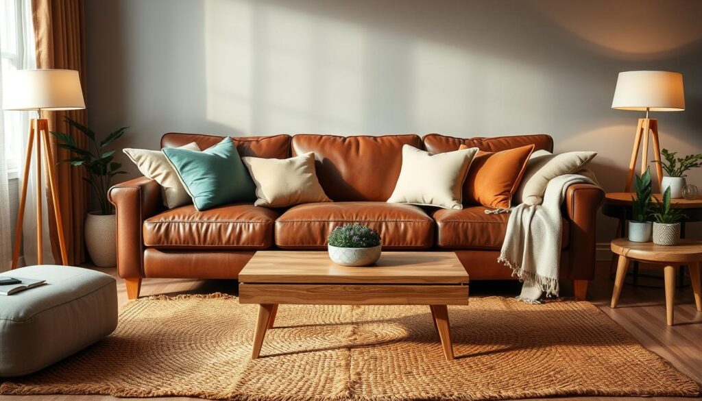 A cozy living room setting with a plush brown leather couch as the focal point. The couch is adorned with a variety of throw pillows in complementary hues of tan, cream, and hints of teal, creating a visually appealing and cohesive color palette. A large woven area rug grounds the space, while natural wood accents, such as a coffee table and side tables, add warmth and texture. Soft, diffused lighting from a pair of minimalist floor lamps casts a warm, inviting glow, and potted plants on the side tables bring a touch of greenery to the scene. The overall atmosphere is one of relaxation and sophisticated style.